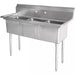 Phoenix heavy duty 16 gauge stainless steel triple compartment sink with backsplash and faucet holes, angled view