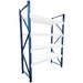Phoenix heavy duty storage rack frame only, blue powder coated steel upright frame, shown assembled with white shelf layers