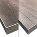 Phoenix high quality table tops in barn board grey and oak distressed wood grain finishes, corner close-ups side by side
