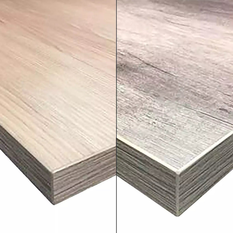 Phoenix high quality table tops in natural and natural distressed wood grain finishes, corner close-ups side by side