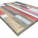 Phoenix high quality table top in patch wood design with red, white, grey and brown plank-style panels, angled view