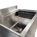 Phoenix IB-2124-11 insulated ice bin, close-up of the stainless steel interior, drain and black bottle holder
