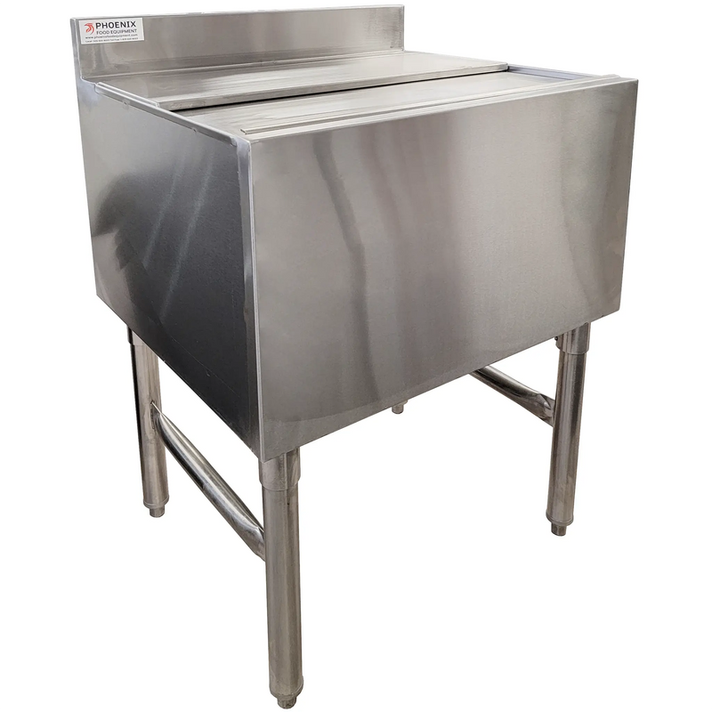 Phoenix IB-2136-11 insulated 36-inch stainless steel ice bin on legs with backsplash and closed lid, angled view