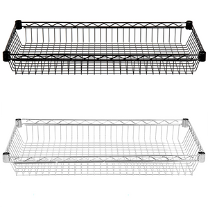 Phoenix individual wire shelf baskets in black epoxy and chrome finishes, two sizes shown stacked