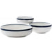 Phoenix Milford white ceramic bowls with dark blue rims in three sizes grouped together, angled view