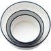 Phoenix Milford white ceramic bowls with dark blue rims nested inside each other, top-down view of the sizes