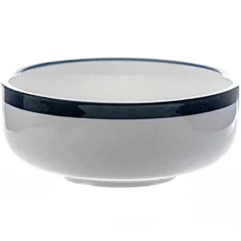 Phoenix Milford ceramic bowl, white with a dark blue rim band, side view of the larger size option
