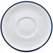 Phoenix Milford espresso cup saucer, white ceramic with dark blue rim band, top-down view of the centre cup well