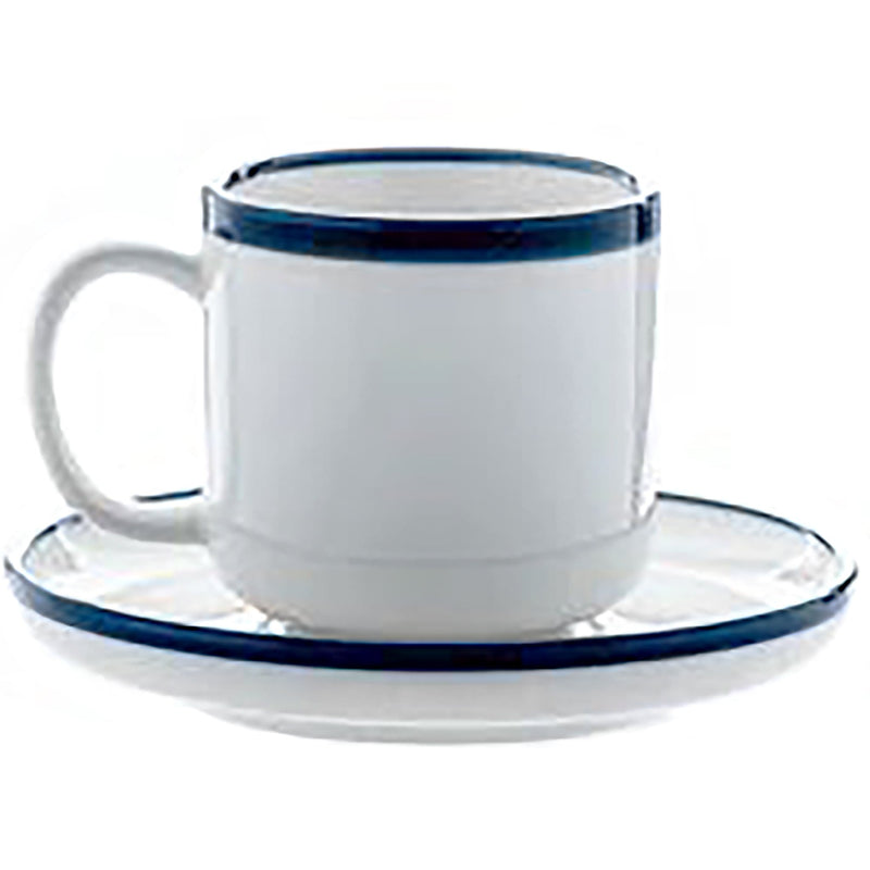 Phoenix Milford espresso cup with saucer, white ceramic with dark blue rim bands, cup resting on the saucer