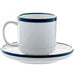 Phoenix Milford espresso cup with saucer, white ceramic with dark blue rim bands, cup resting on the saucer