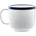 Phoenix Milford latte cup in white ceramic with a dark blue rim band, shown without saucer, side view