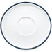 Phoenix Milford latte cup saucer, white ceramic with dark blue rim band, top-down view of the centre cup well