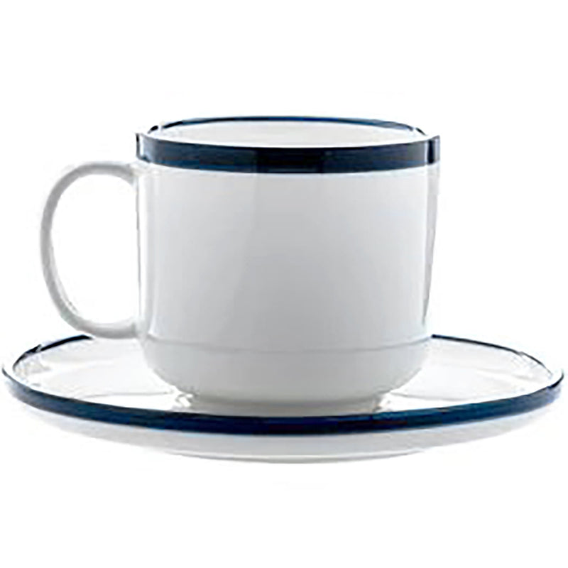 Phoenix Milford latte cup with saucer, white ceramic with dark blue rim bands, cup resting on the saucer