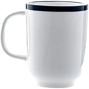 Phoenix Milford mug, tall white ceramic mug with a dark blue rim band and loop handle, close-up side view