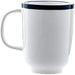 Phoenix Milford mug, tall white ceramic mug with a dark blue rim band and loop handle, close-up side view
