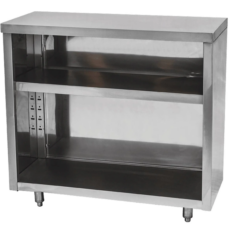 Phoenix PODC series stainless steel open dish cabinet with adjustable middle shelf on legs with feet, angled view