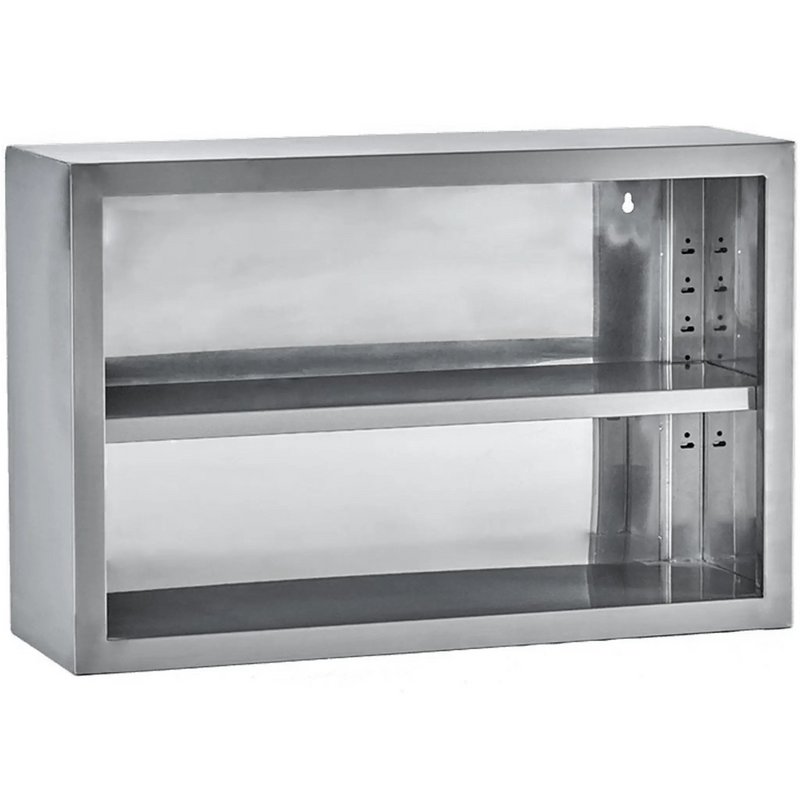 Phoenix POWC series stainless steel open wall cabinet with adjustable middle shelf and open front, angled view