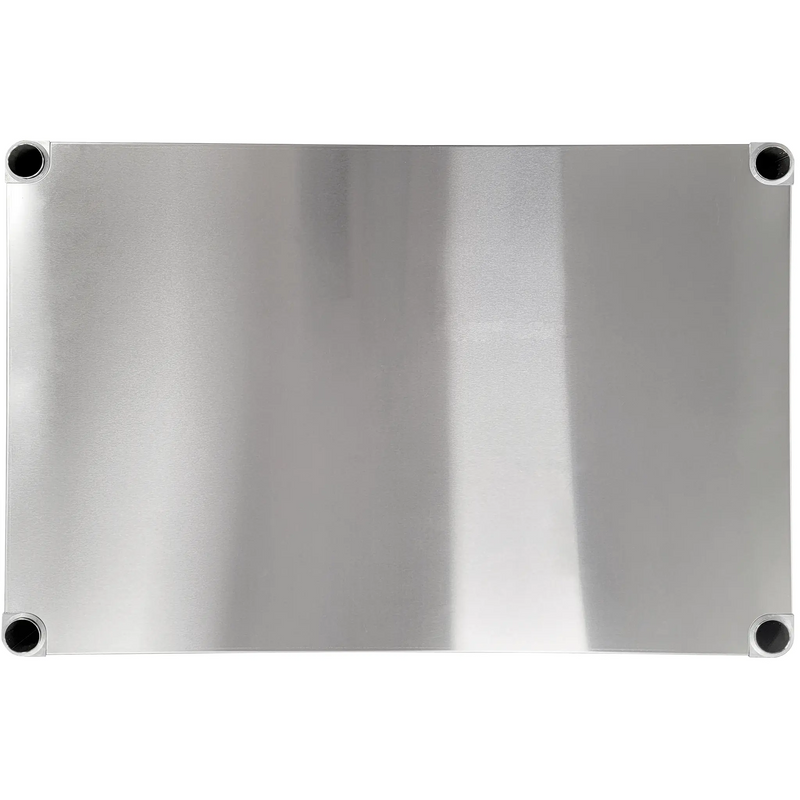Phoenix stainless steel individual shelf for 4 tier shelving, flat rectangular shelf with corner post holes, top view