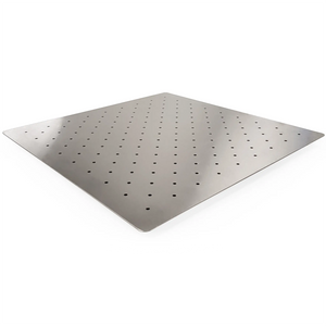 Phoenix stainless steel sink drain plate, square perforated plate with evenly spaced drainage holes, angled view
