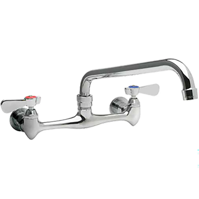 Phoenix standard duty swing neck faucet, chrome wall mount faucet with two lever handles and swing spout