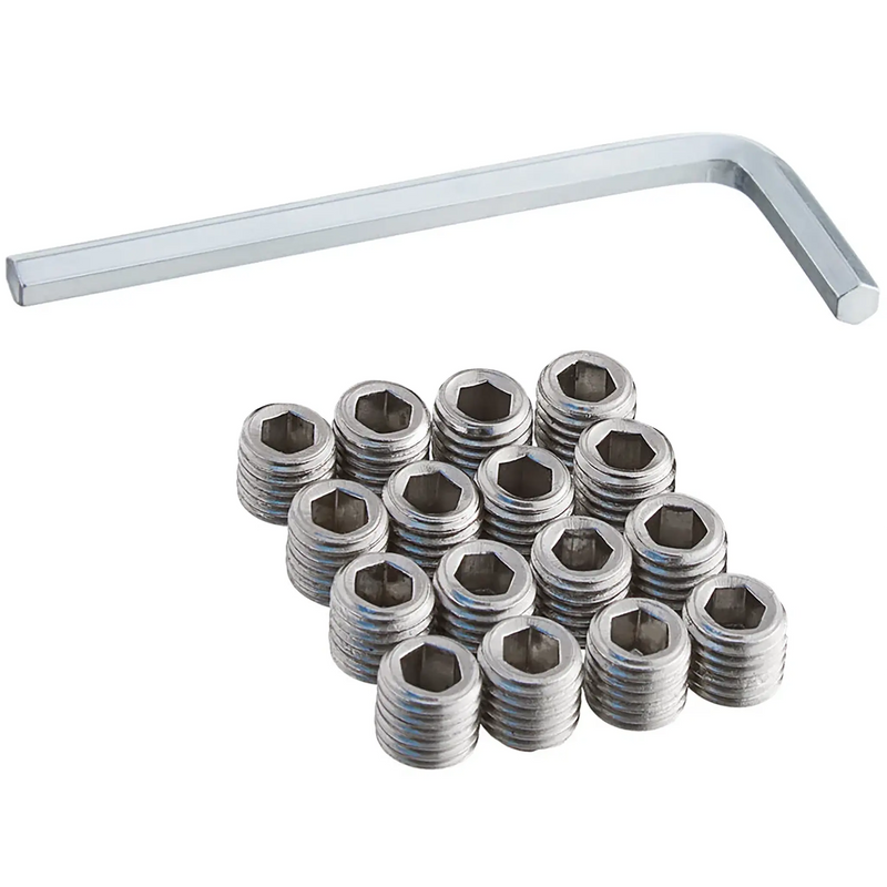 Phoenix TBSCR replacement table set screws, a pile of zinc threaded set screws with a matching silver hex Allen key