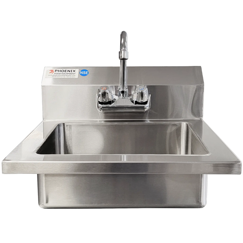 Phoenix WHS18 large wall mounted stainless steel hand sink with backsplash and gooseneck faucet, front view