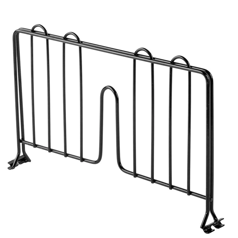 Phoenix black epoxy wire shelf divider with center notch and bottom clips, angled view