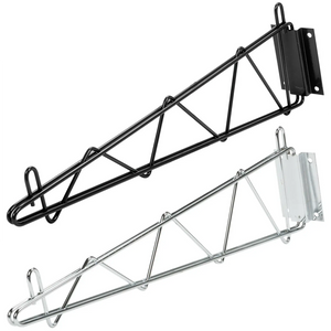 Phoenix wire shelving wall brackets in black epoxy and chrome finishes, both colours shown side by side