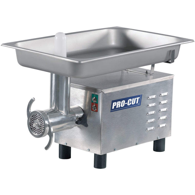 Pro-Cut KG-12-SS size 12 meat grinder in stainless steel with 20.8 x 13 inch feeding pan and front grinding head, angled