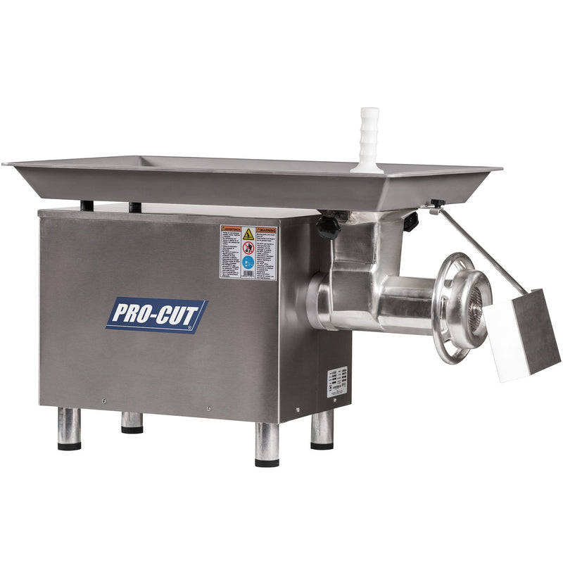 Pro-Cut KG-32 size 32 meat grinder in stainless steel with large 36 x 21.2 inch feeding pan and blue logo panel, angled