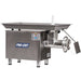 Pro-Cut KG-32 size 32 meat grinder in stainless steel with large 36 x 21.2 inch feeding pan and blue logo panel, angled