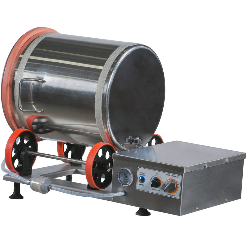 Pro-Cut KMV-25 vacuum tumbler meat marinator with stainless steel drum on red-wheeled rollers and control box, angled