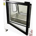 Pro-Kold DDC-40 refrigerated deli case, close-up of the black-framed rear glass access door on the white cabinet