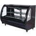 Pro-Kold DDC-80 curved glass 74 inch refrigerated deli case in black finish with interior shelves, angled front view