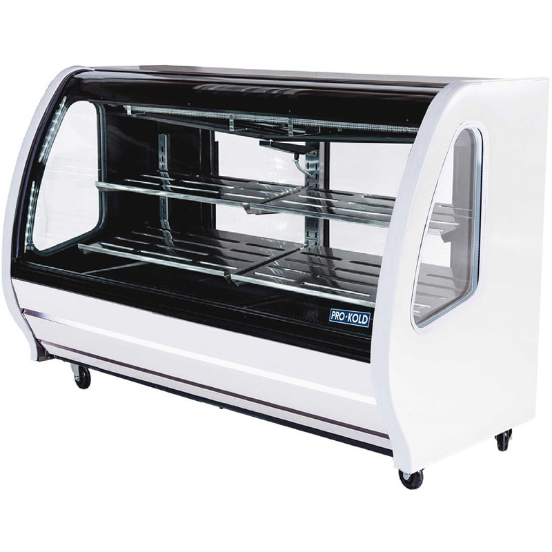 Pro-Kold DDC-80 curved glass 74 inch refrigerated deli case in white finish with interior shelves, angled front view