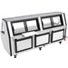 Pro-Kold MCRU-100-W curved glass 99 inch refrigerated meat case, rear view with sliding glass doors and storage panels