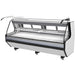 Pro-Kold MCRU-100-WL curved glass 99 inch refrigerated fresh meat case with front lift glass raised, angled view