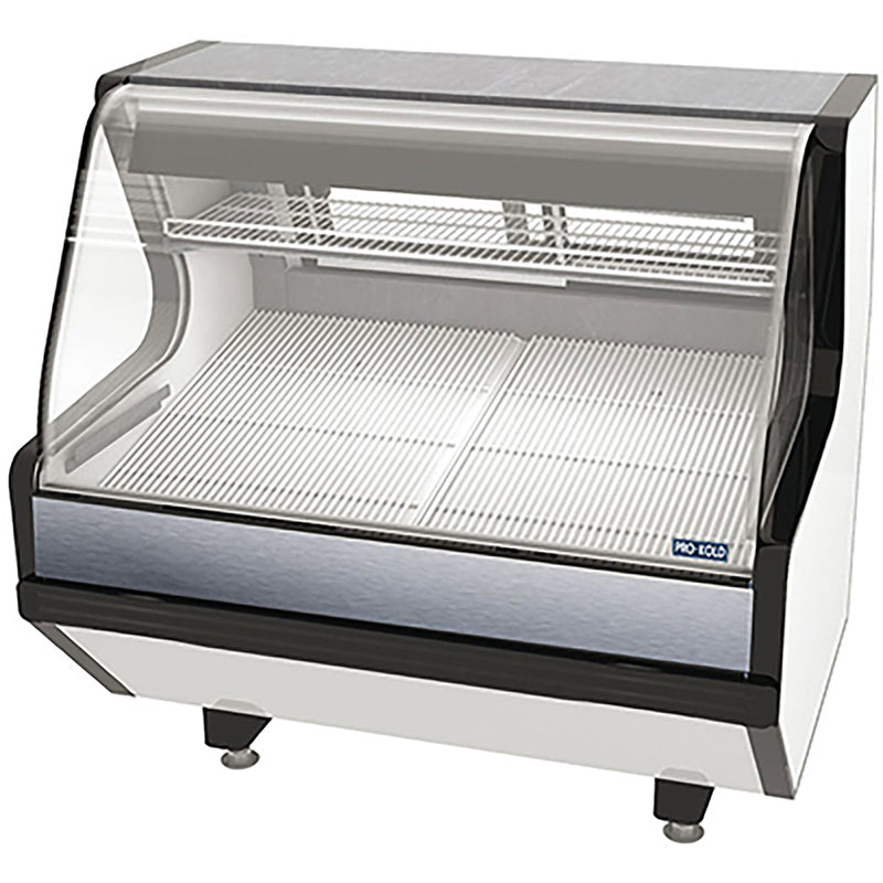 Pro-Kold MCRU-52-W curved glass 51 inch refrigerated fresh meat display case, white with black trim, angled front