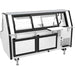 Pro-Kold MCSC-80-W curved glass 79 inch refrigerated meat case, rear view showing sliding doors and condensing unit