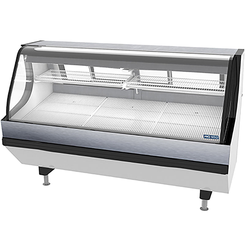 Pro-Kold MCSC-80-W curved glass 79 inch refrigerated fresh meat display case, white with self-contained unit, angled