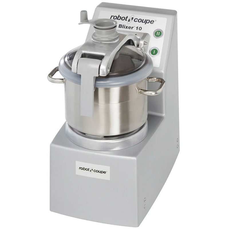 Robot Coupe BLIXER 10 bowl food processor with 12.2 qt stainless steel bowl and clamp lid, grey base, angled view