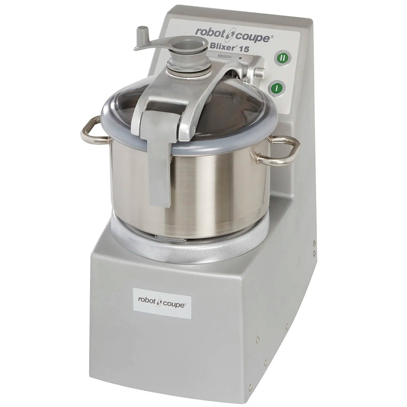 Robot Coupe BLIXER 15 bowl food processor with 15.9 qt stainless steel bowl and locking lid, angled front view