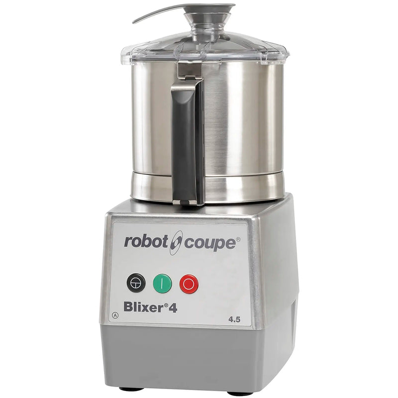Robot Coupe BLIXER 4 bowl food processor with 4.8 qt stainless steel bowl, clear lid and control buttons, front view