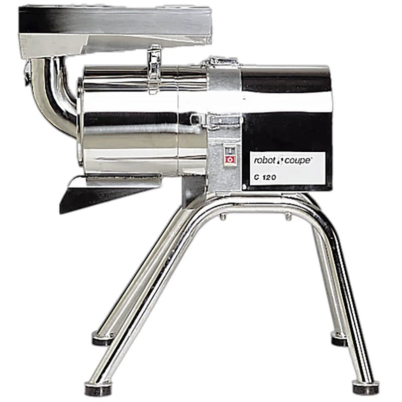 Robot Coupe C120 electric sieve and juicer, stainless steel with top feed hopper on a tubular floor stand, side view