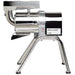 Robot Coupe C120 electric sieve and juicer, stainless steel with top feed hopper on a tubular floor stand, side view