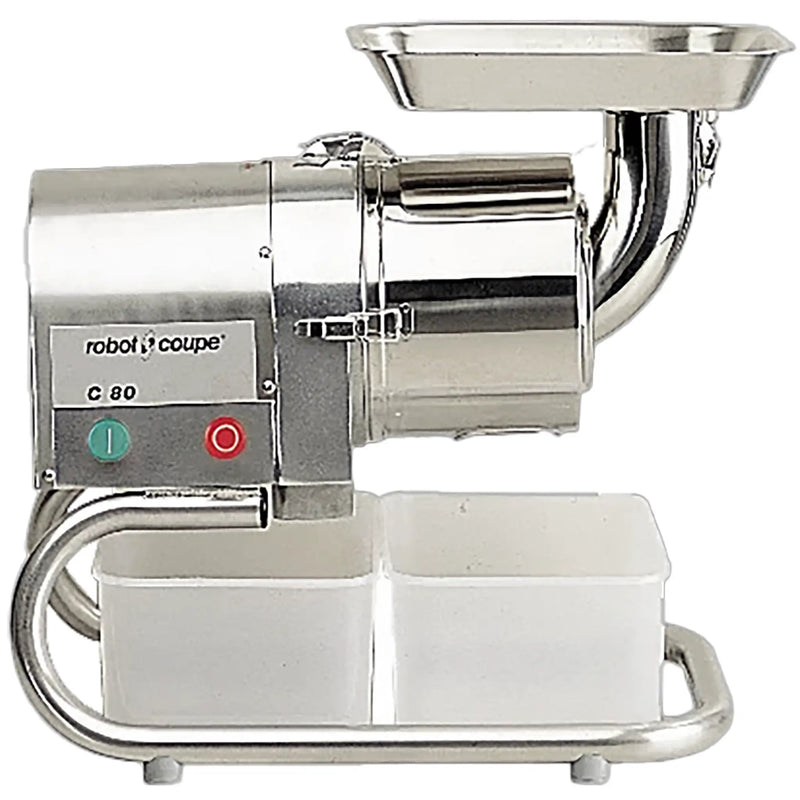 Robot Coupe C80 electric sieve and juicer, stainless steel with feed tray and white collection containers, side view