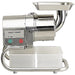 Robot Coupe C80 electric sieve and juicer, stainless steel with feed tray and white collection containers, side view