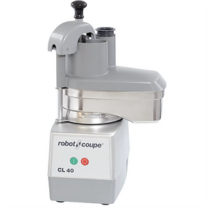Robot Coupe CL40 continuous feed food prep machine, grey and stainless steel with feed head and on/off buttons