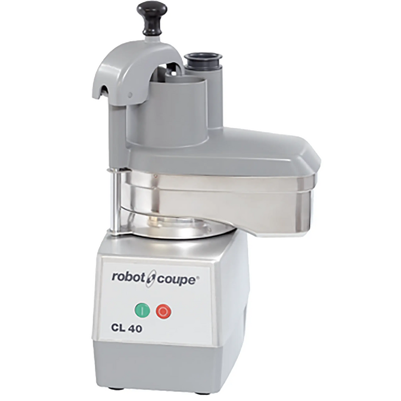 Robot Coupe CL40 continuous feed food prep machine, grey and stainless steel with feed head and on/off buttons