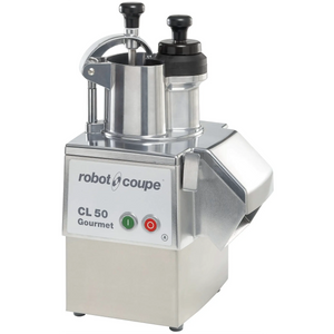 Robot Coupe CL50 GOURMET continuous feed food prep machine, stainless steel with two feed tubes, angled front view